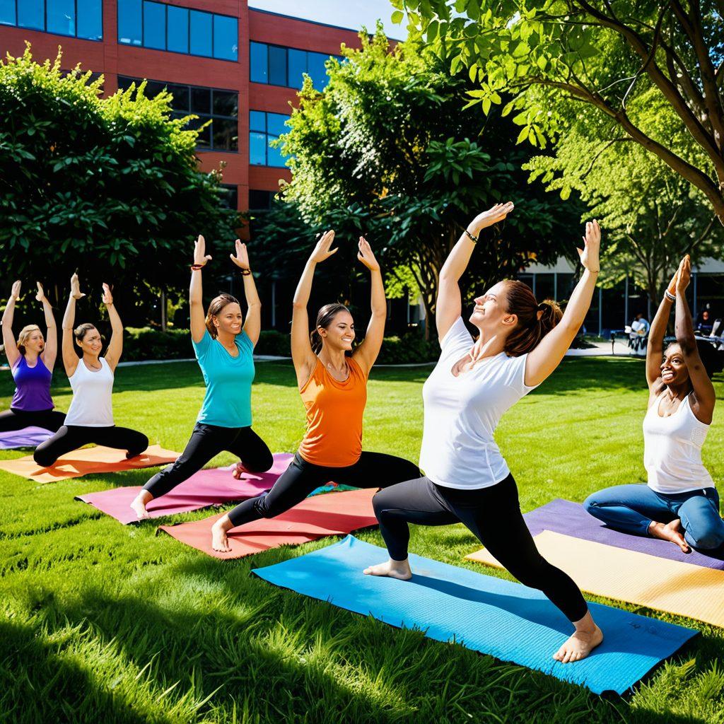 A diverse group of employees engaged in various health and wellness activities, such as yoga, nutrition workshops, and team-building exercises outdoors. Include a vibrant office setting in the background to signify a focus on safety management. Sunlight filtering through trees, creating a warm and inviting atmosphere. Illustrate a sense of community and empowerment. super-realistic. vibrant colors. outdoor setting.