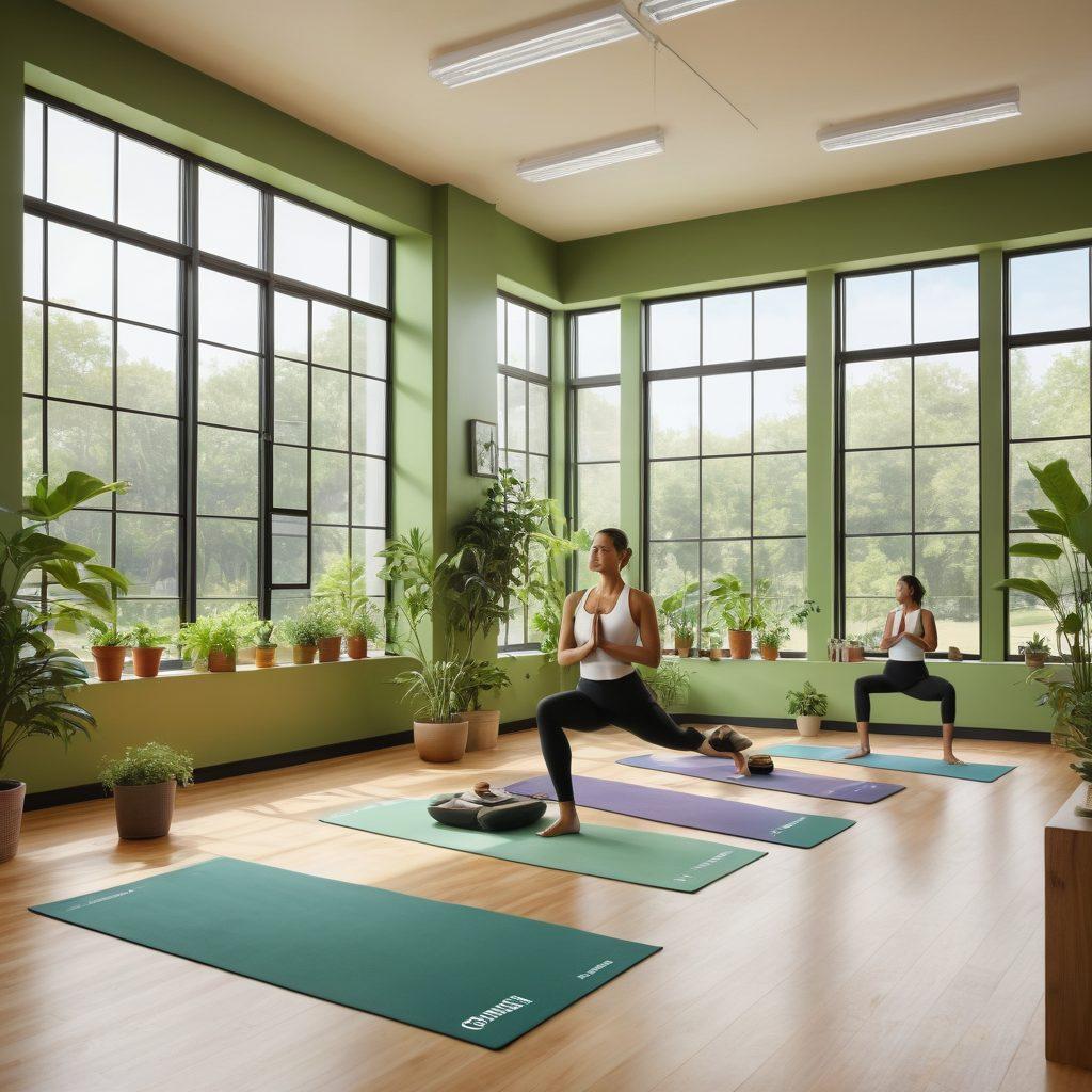 A diverse group of employees in a bright, clean office environment engaging in various health and wellness activities, such as yoga, meditation, and teamwork exercises. Include plants and natural light to convey a sense of well-being. Display posters promoting mental health awareness on the walls. super-realistic. vibrant colors. airy atmosphere.